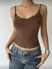 Lace hem contrast v neck backless cami crop top