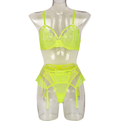 Nuevo conjunto de lencería sexy fluorescente con costura de encaje