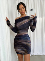 Stitch sheer mesh see through abstract off shoulder mini dress