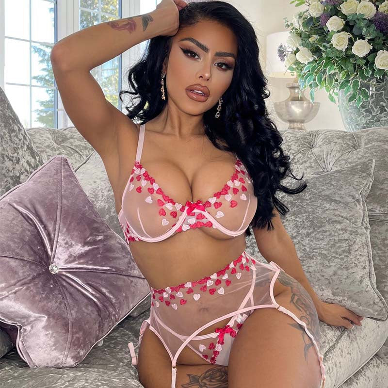 Conjunto de lencería sexy de encaje con bordado de corazón de malla transparente