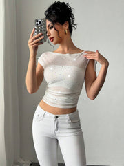 YK2 Sequined Mesh Bow Ruffle T-shirt