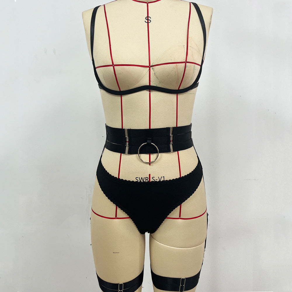 Conjunto de lencería sexy de red con tiras ahuecadas