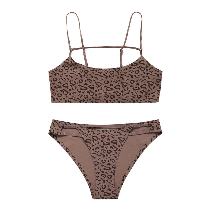 Conjunto de lencería sexy transpirable sin aros con estampado de leopardo