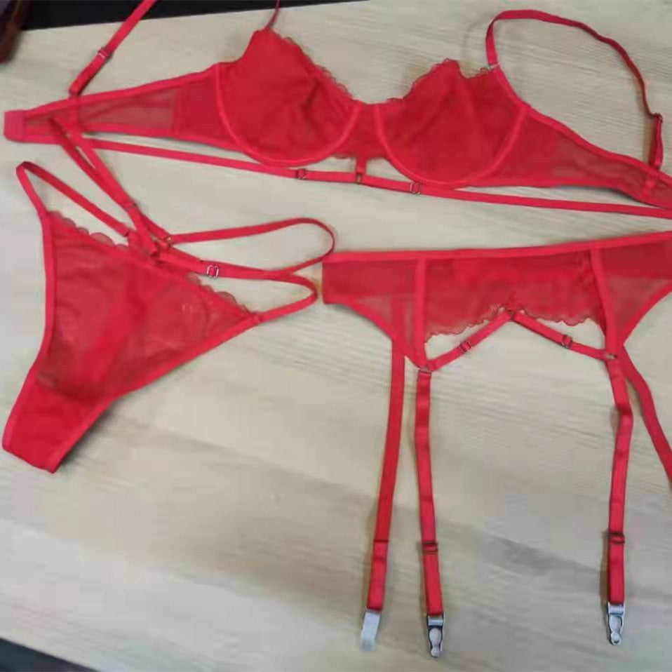 Nuevo conjunto de lencería sexy de malla con encaje ultrafino