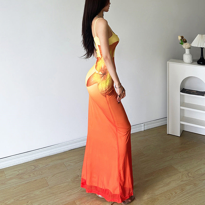 Rückenfreies, kontrastierendes 2-Wege-Camisole-Midikleid mit Farbverlauf und quadratischem Ausschnitt