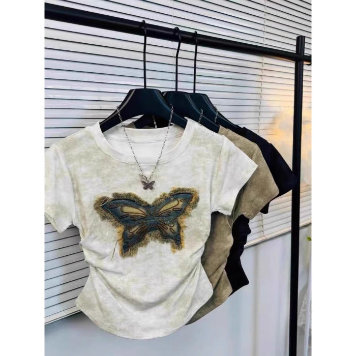 Tie-Dyed Butterfly Straight Shoulder T-Shirt