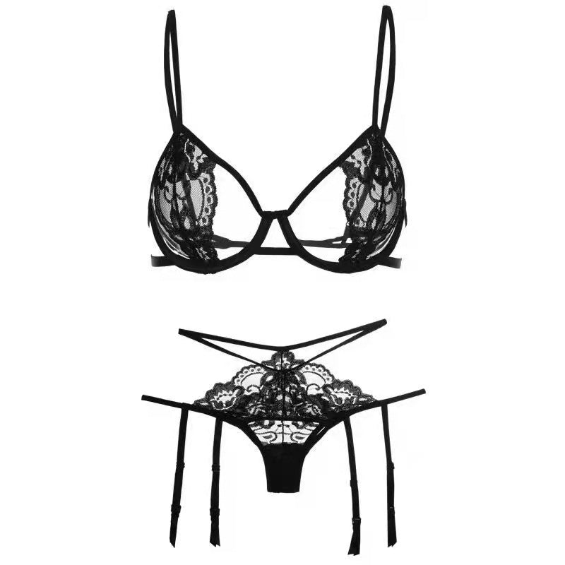 Lace Hollow Bra Set Sexy Lingerie Garter Belt Three Point Set