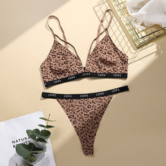 Seamless Leopard Print Sexy Ice Silk Lingerie Set