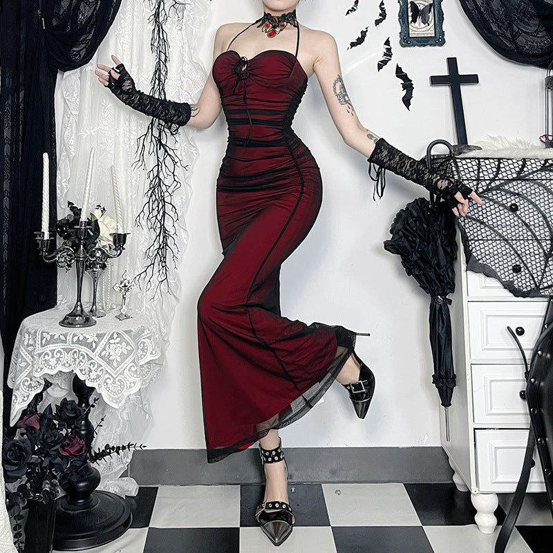 Black and red halter neck mesh dress