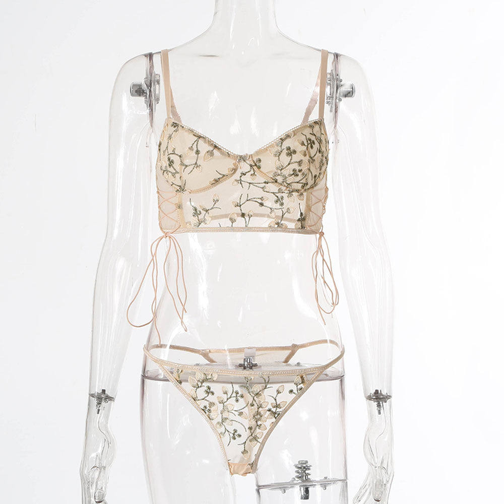 Conjunto de lencería sexy con tirantes cruzados de malla transparente bordada con flores