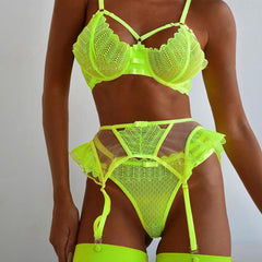 Nuevo conjunto de lencería sexy fluorescente con costura de encaje