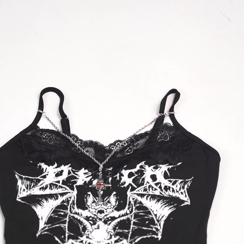 Personalized Bat-printed Chain Strappy Top