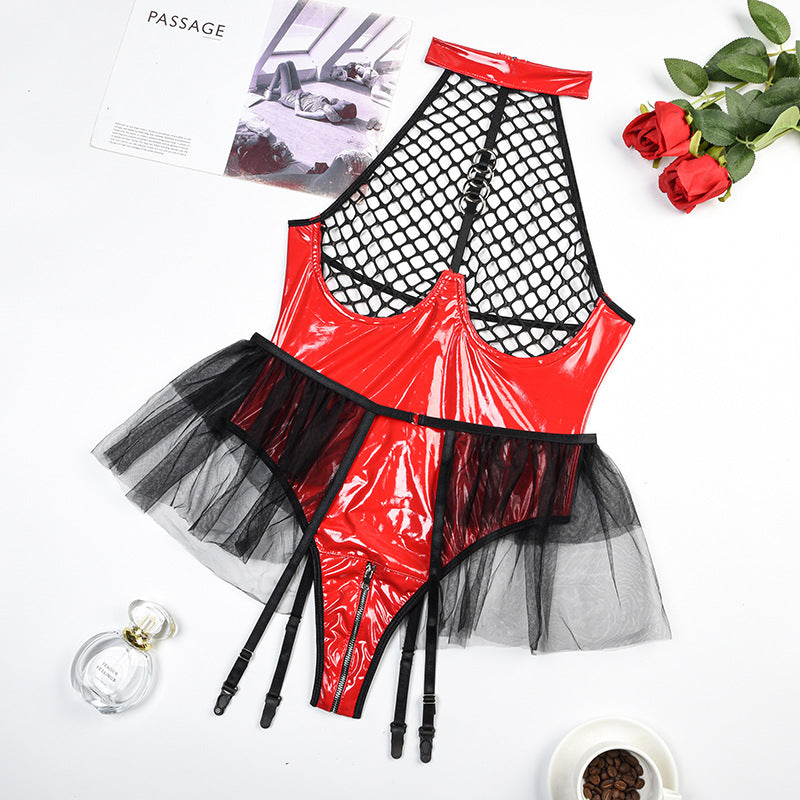 Sexy Dessous-Set aus PU-Leder mit Fischnetz und offener Brust