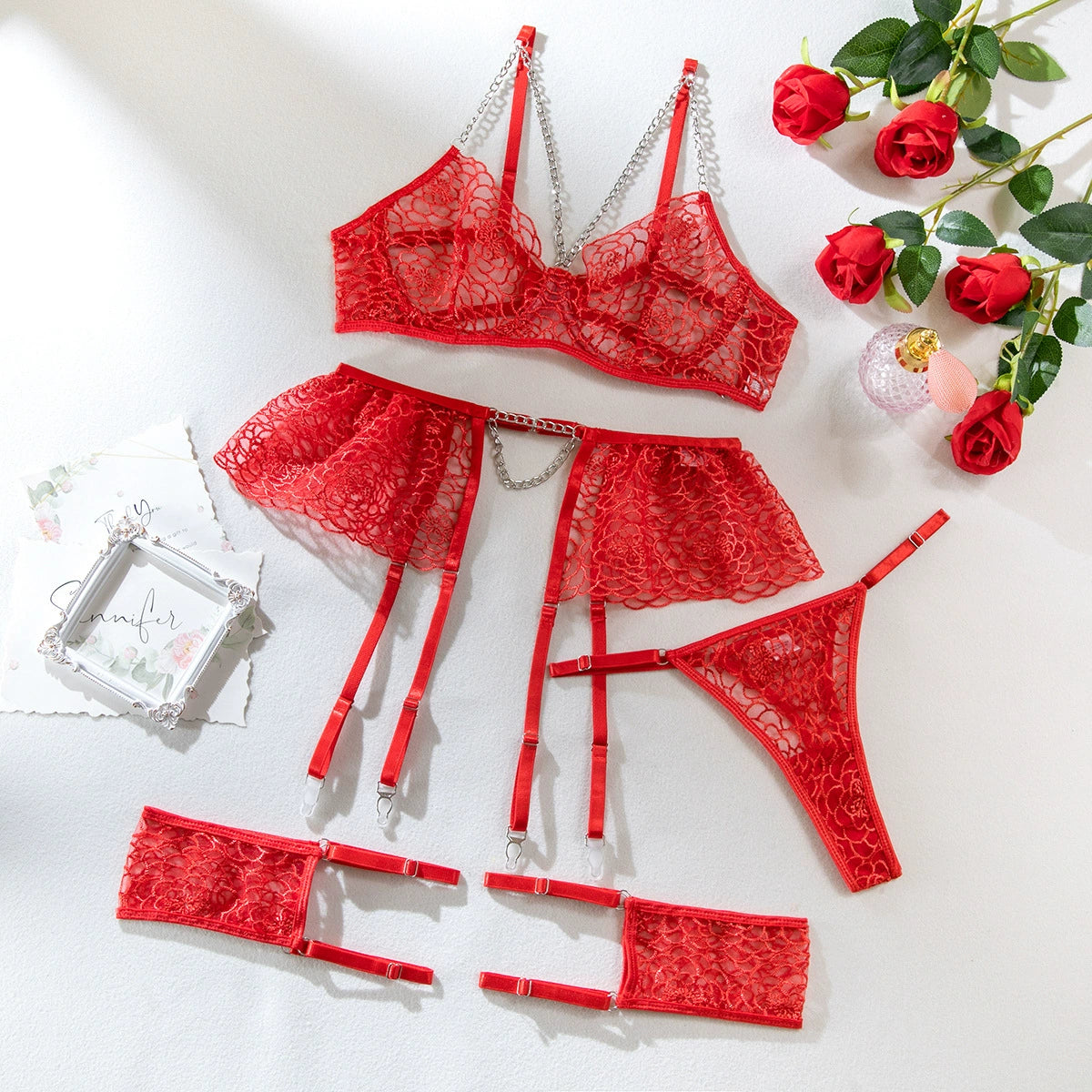 Sexy Dessous-Set aus Spitzennetz und Patchwork