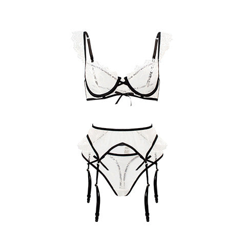 Allover Lace Trim Bow Tie Sexy Lingerie Set