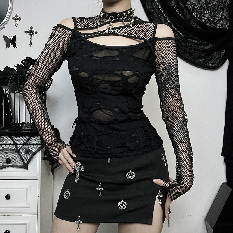Slim Fit Mesh Distressed Long Sleeve Top