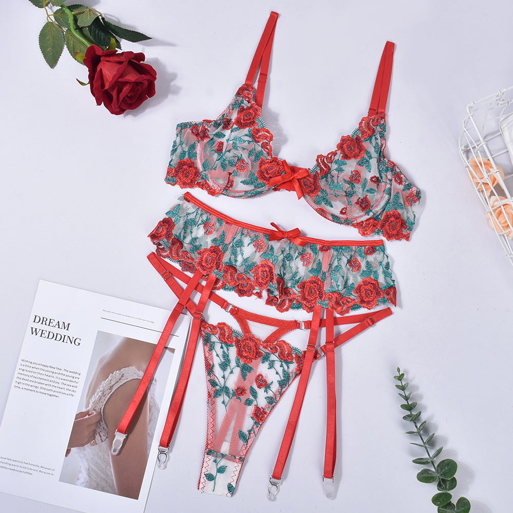 Conjunto de lencería sexy push up de 3 piezas con bordado de rosas