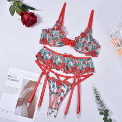 Sexy Push-Up-Dessous-Set mit Rosenstickerei, 3-teilig