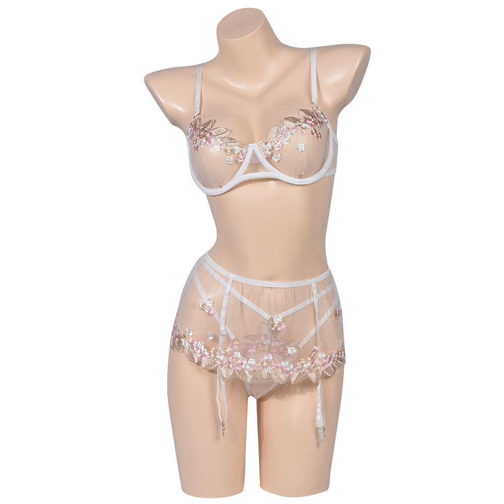 Conjunto de lencería sexy de malla transparente con ribete de encaje