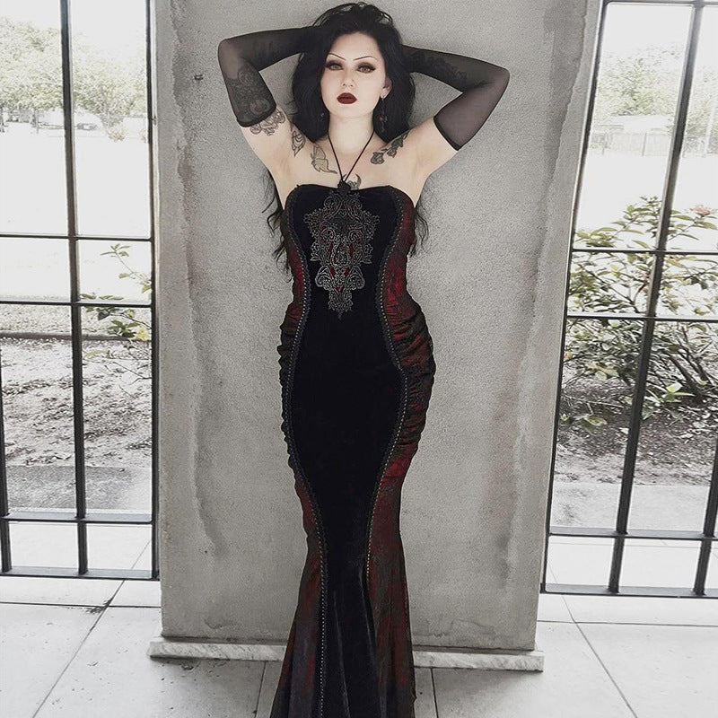 Slim-Fit Contrast Fishtail Gothic Dress