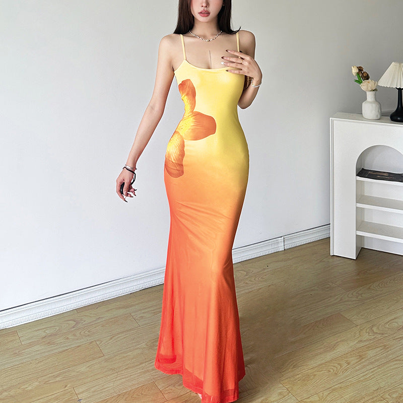Rückenfreies, kontrastierendes 2-Wege-Camisole-Midikleid mit Farbverlauf und quadratischem Ausschnitt
