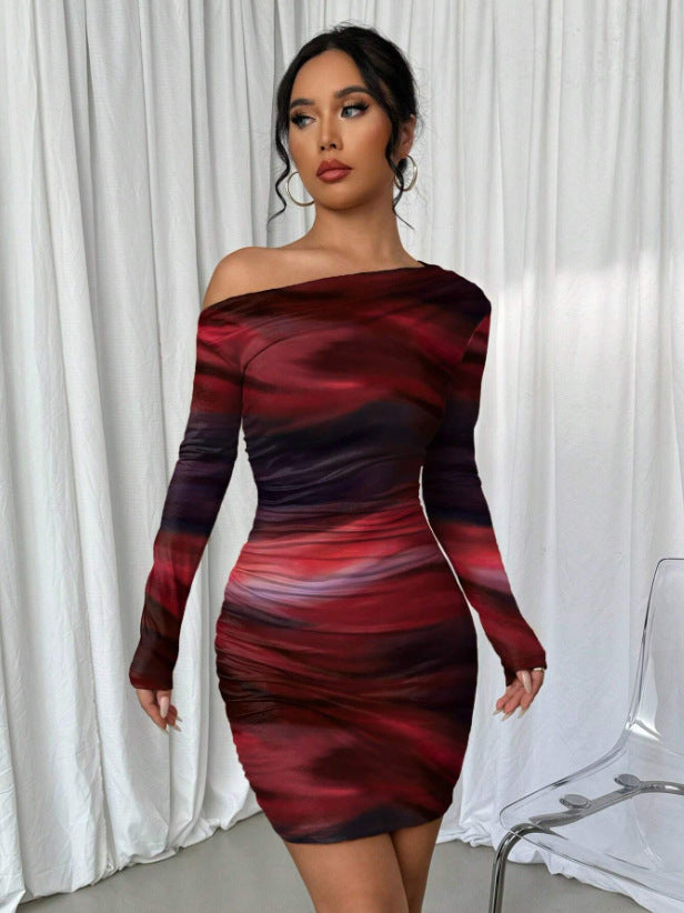 Stitch sheer mesh see through abstract off shoulder mini dress