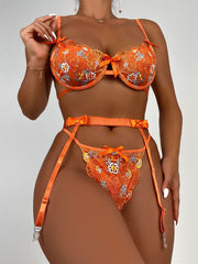 Conjunto de lencería sexy con lazo de encaje y bordado floral