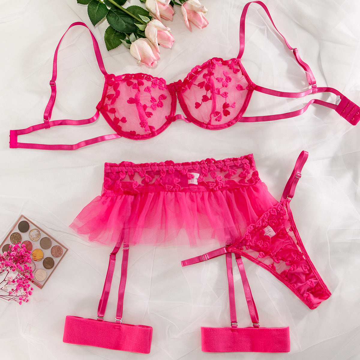 Conjunto de lencería sexy con bordado rosa intenso