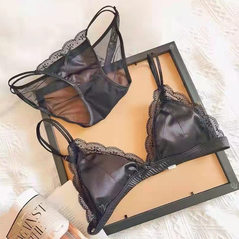 Satin Lace Trim Sexy Lingerie Set