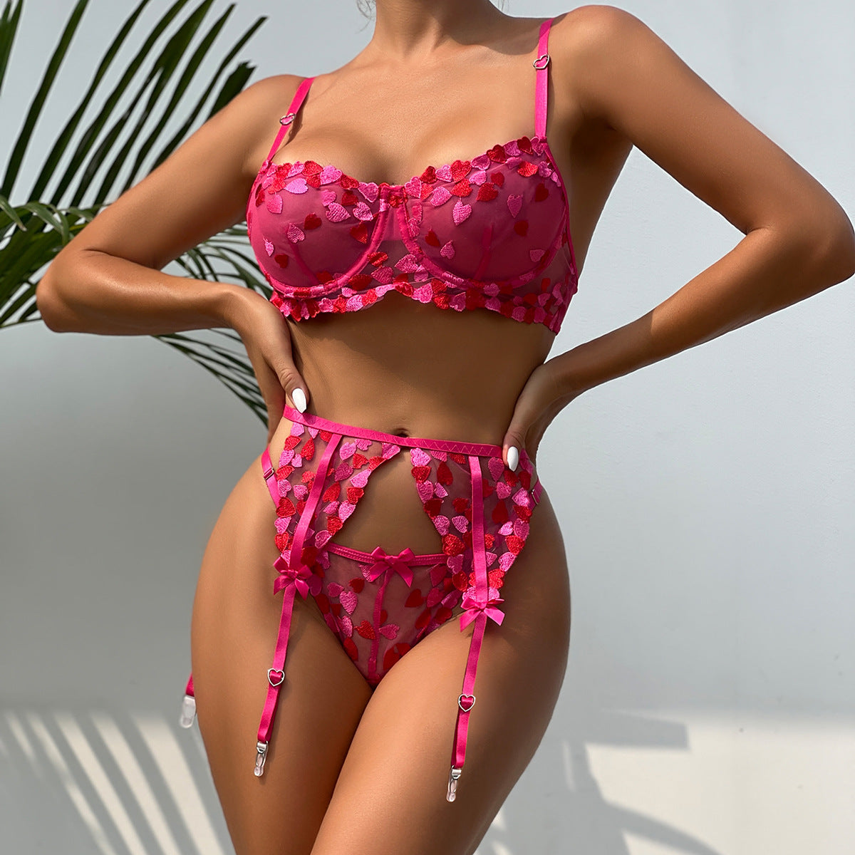 Hot Pink Herz Stickerei Sexy Einfache Dessous Set