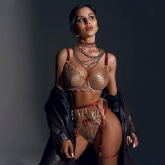 Corrugated Embroidered Sheer Mesh Satin Sexy Lingerie Set