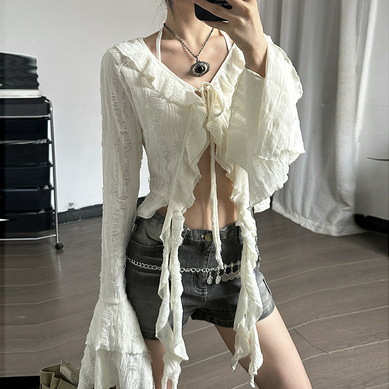 Halter self tie v neck flared sleeve button ruffle crop top
