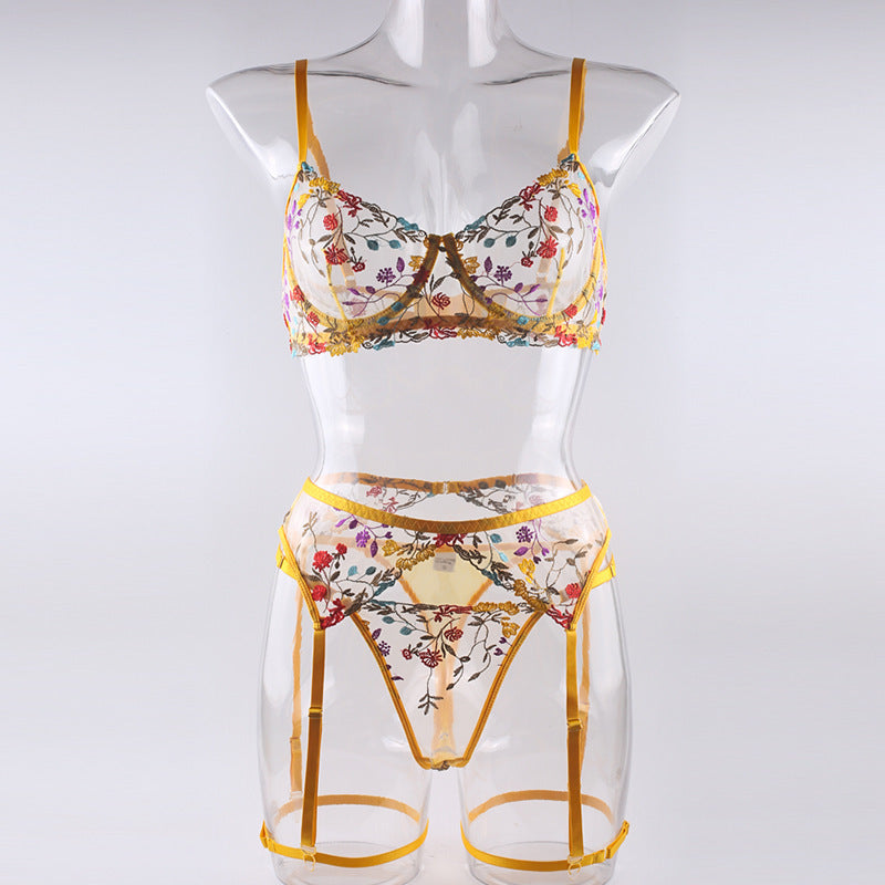 Sexy Perspective Yellow Pastoral Floral Lingerie Set