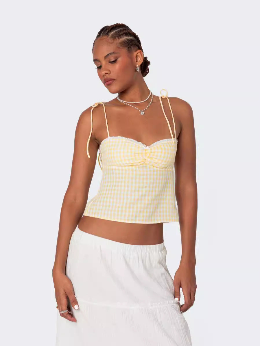 A Backless Checkered Halter Top With Straps
