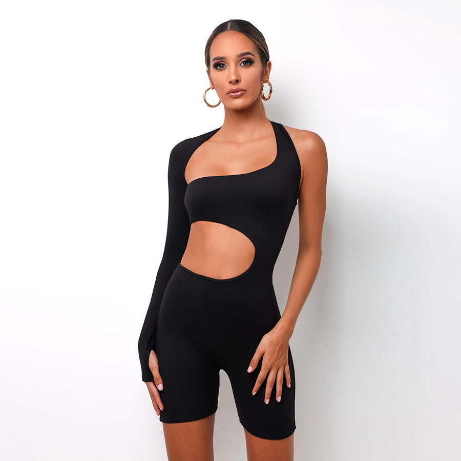 One shoulder solid irregular hollow out high neck romper