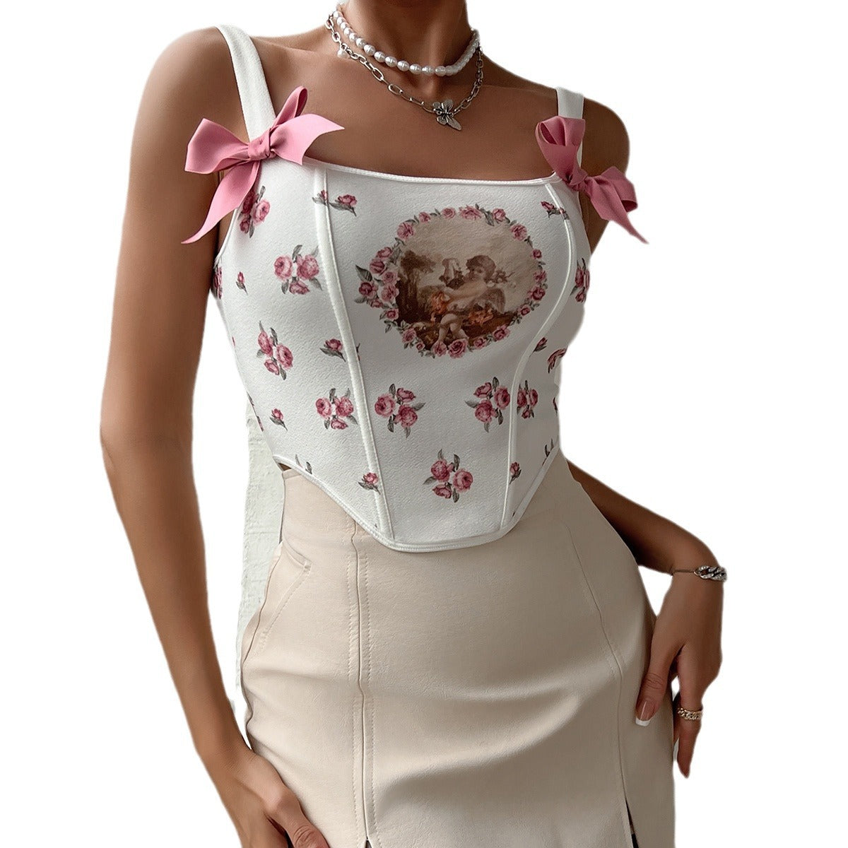 A Fishbone Off-The-Back Halter Top With Straps