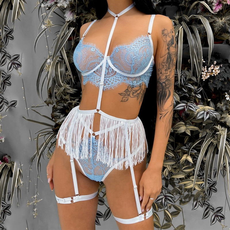 Conjunto de lencería sexy con tiras y borlas bordadas con encaje transparente