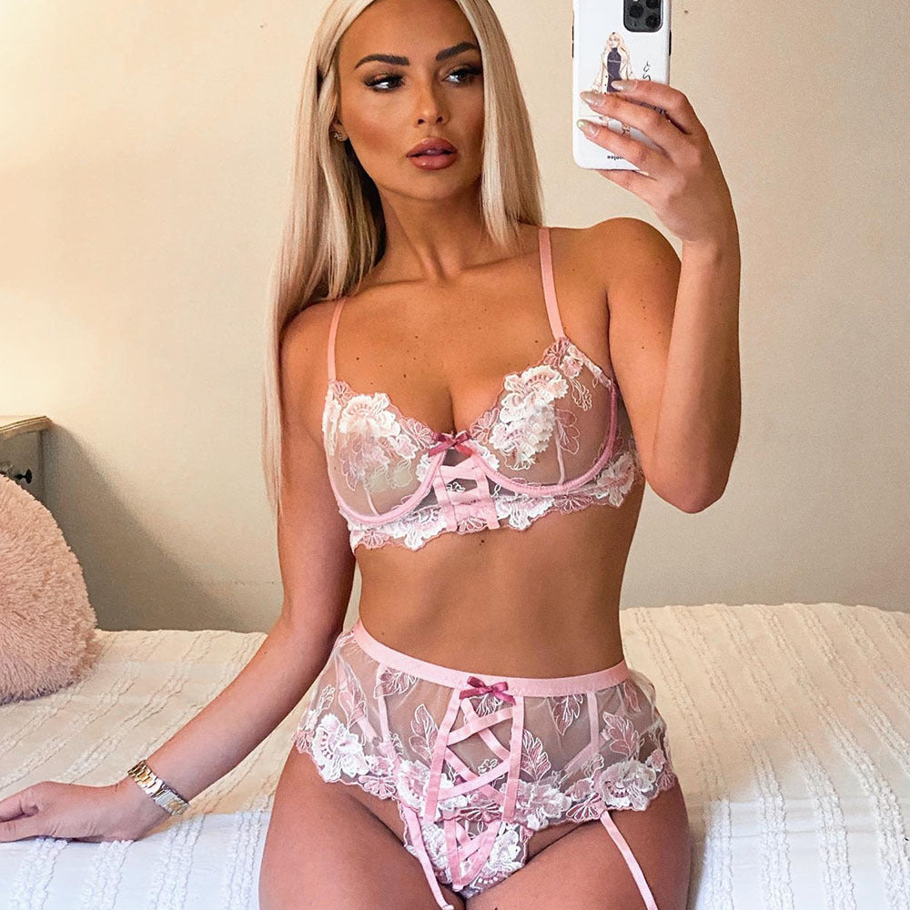 Perspective Mesh Embroider Bow Lace Sexy Lingerie Set