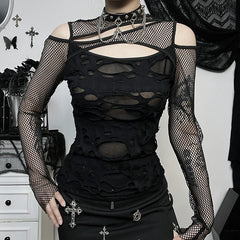 Slim Fit Mesh Distressed Long Sleeve Top