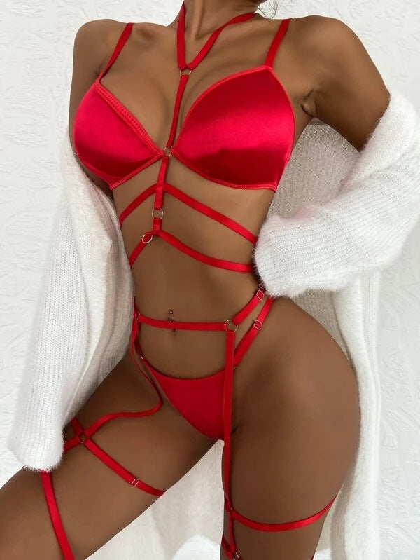 Satin Strappy Bandage Sexy Lingerie Set