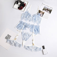 Sexy Flower Lace Mesh Transparent Sexy Three-piece Lingerie Set