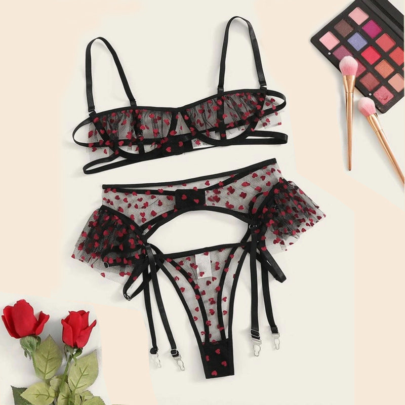 Conjunto de lencería sexy de lunares con escote abierto