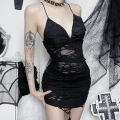 Dark Ragged Slim Fit Slit Hip-hugging Suspender Dress