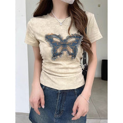 Tie-Dyed Butterfly Straight Shoulder T-Shirt