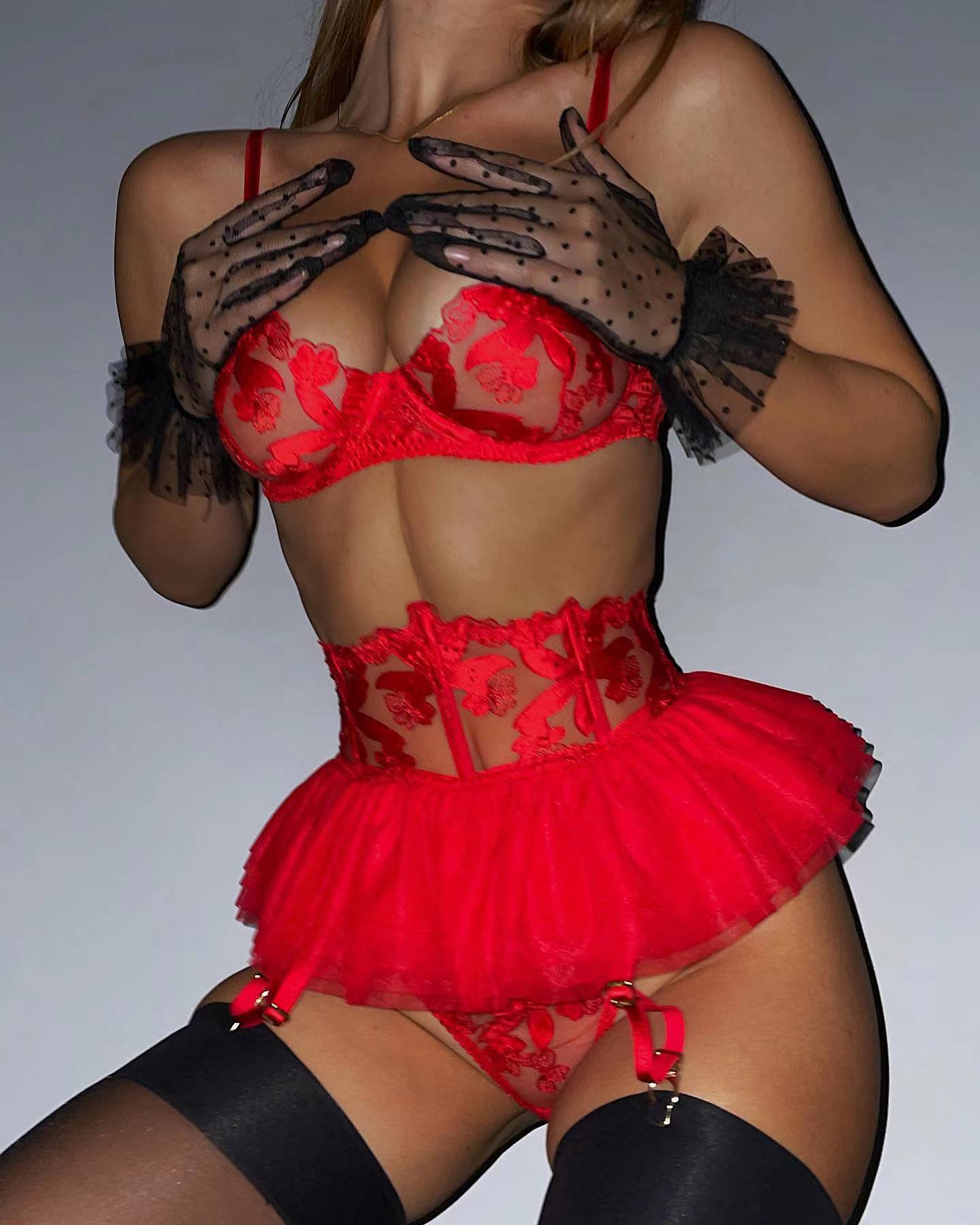 Sheer Mesh Embroidery Lace Sexy Lingerie Set