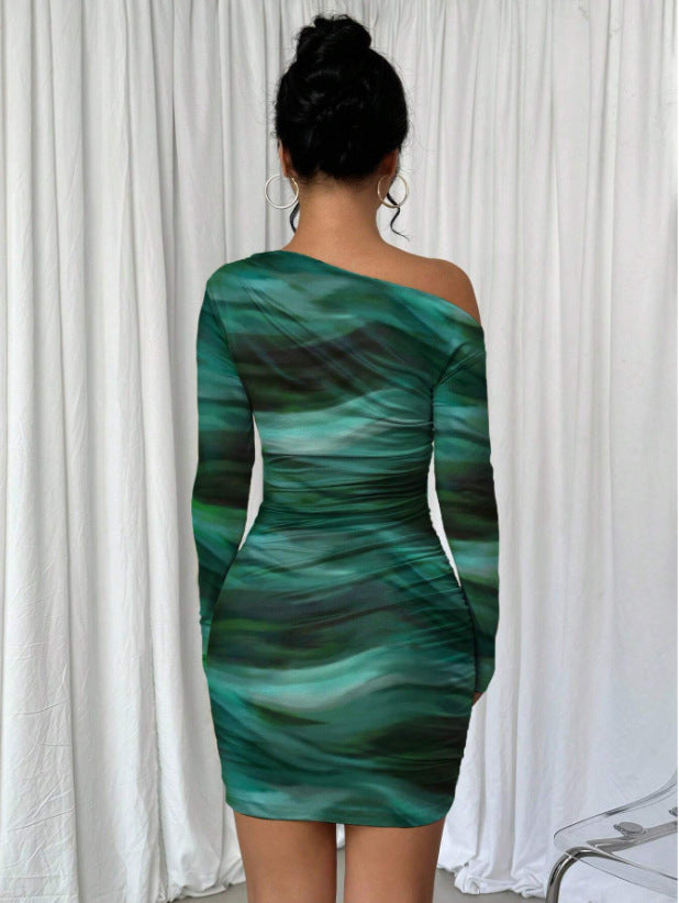 Stitch sheer mesh see through abstract off shoulder mini dress