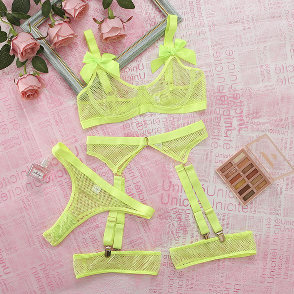 Conjunto de lencería sexy de tres piezas de encaje de malla transpirable de color fluorescente