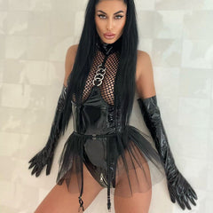 PU Leather Fishnet Open Brust Sexy Lingerie Set