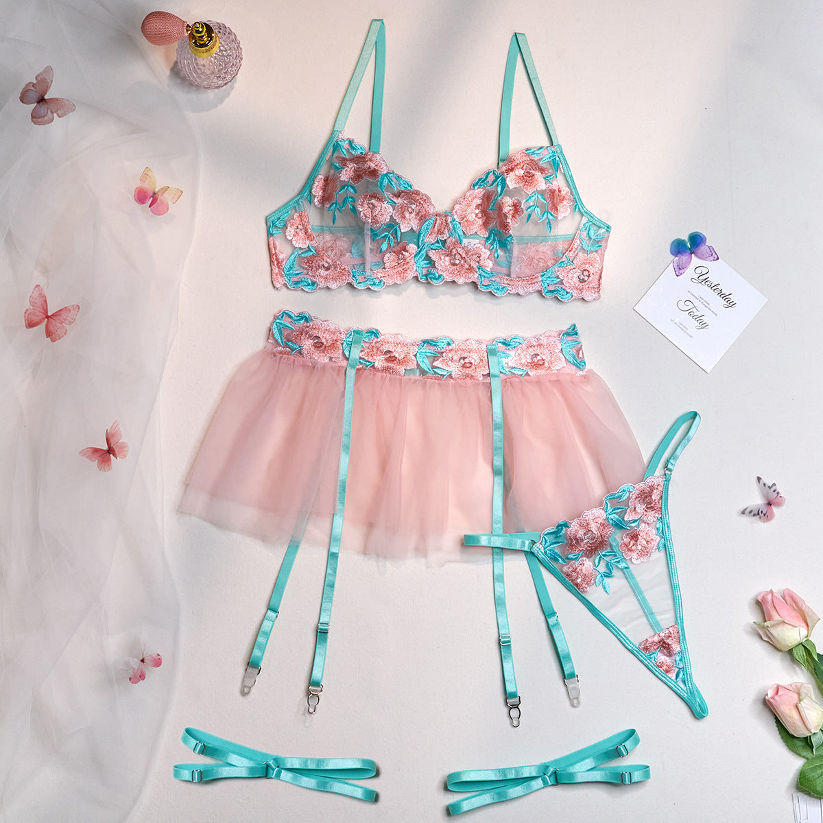 Embroidered Flower Cute Mesh Tutu Skirt Lingerie Set