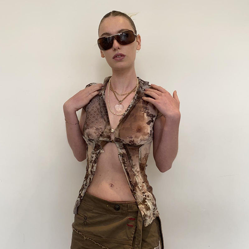 Ärmelloses Crop-Top mit O-Ring-Ausschnitt und abstraktem Stitch-Print 